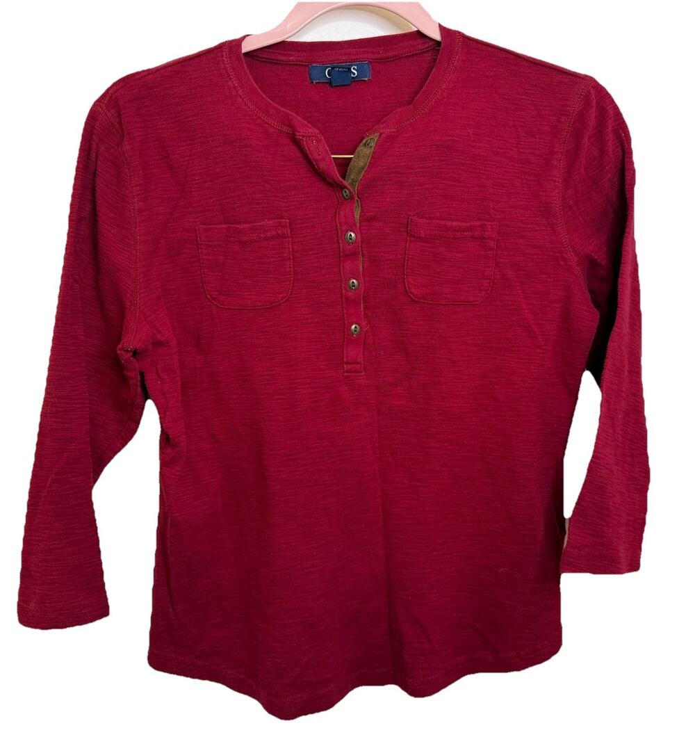 Chaps Women's Red Cotton Long Sleeve Henley Shirt Pockets Sz Petite Large Preppy